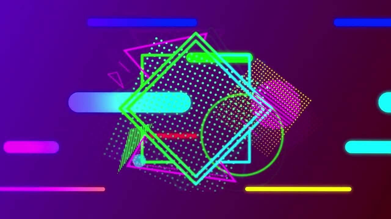 animación de la barra de búsqueda colorida con formas geométricas en fondo violeta