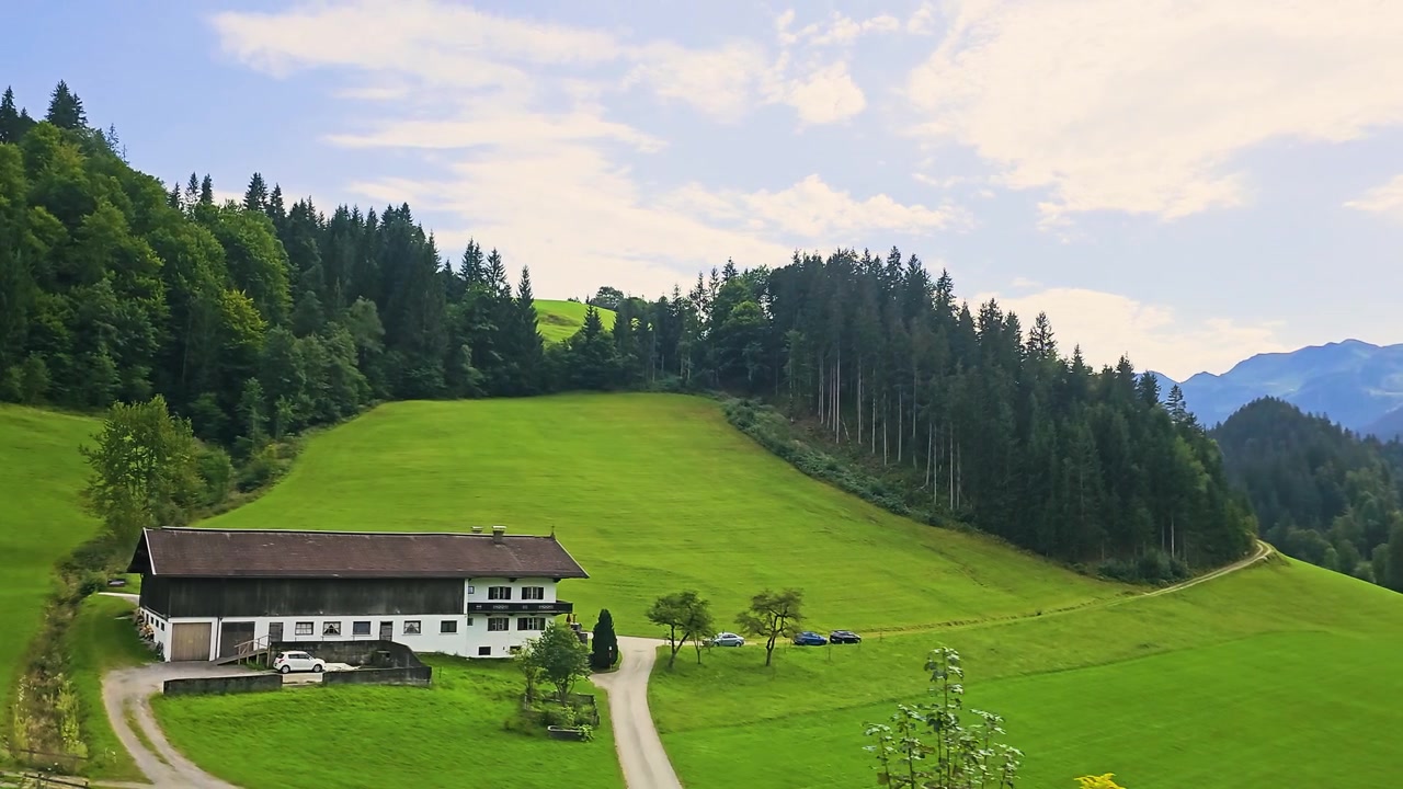 Vista ferroviaria soleggiata attraverso l'Austria, con prati ondulati, piccoli villaggi, fitte foreste di pini e montagne verdi che scorrono durante un panoramico viaggio in treno estivo