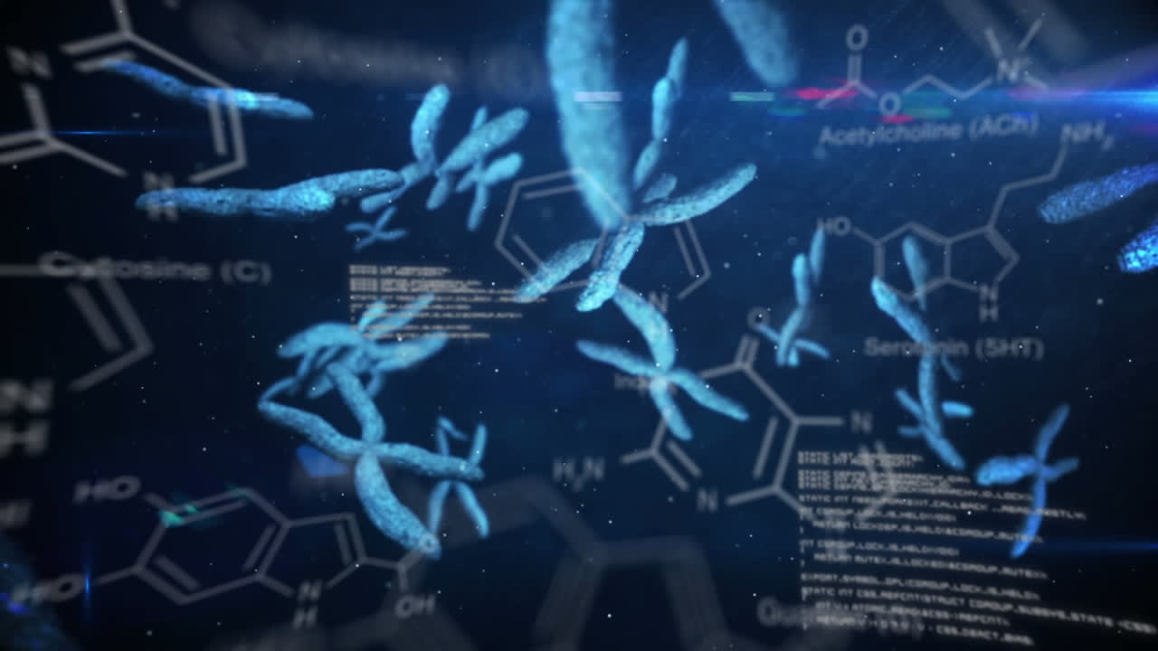 Chromasomes floating on a dark background with text and data