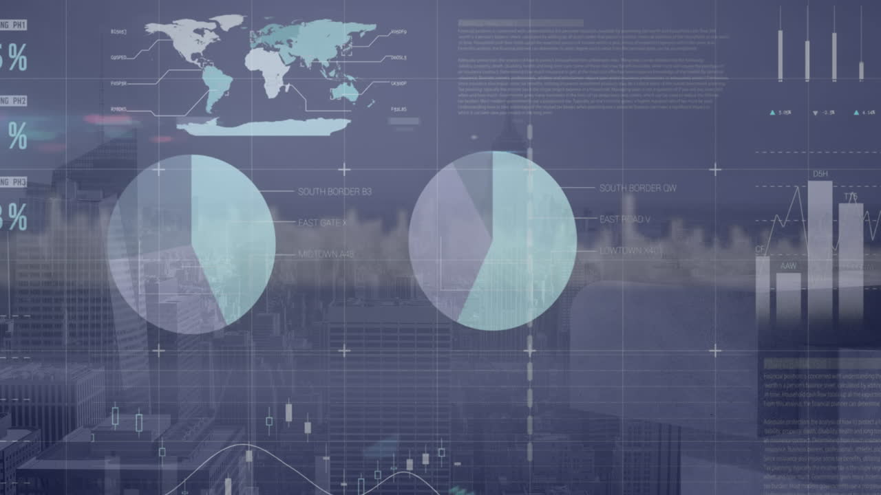 Animation of statistical data processing over grid network against aerial view of cityscape