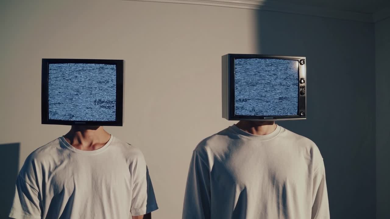Two figures with TV screens as heads stand together, presenting a striking visual narrative that blends technology and human form in a minimalist setting