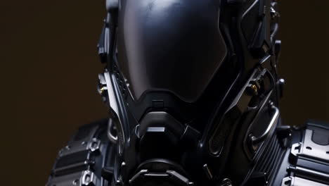 close-up of a futuristic dark helmet
