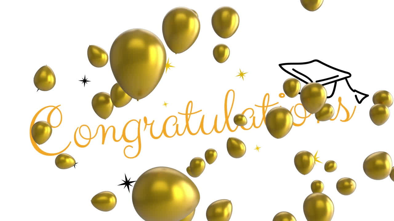 Animation of congratulations text over gold balloons on white background