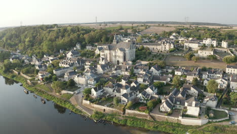 aerial drone point of view of the village of candes saint martin on the confluence of the loire and vienne rivers in central france