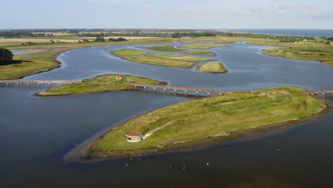 Aerial-wide-orbit-over-the-Waterdunes---a-nature-area-and-recreational-park-in-the-province-of-Zeeland,-The-Netherlands