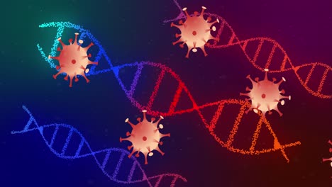 Animation-Von-Covid-19-Zellen,-Die-Sich-über-Sich-Drehende-DNA-Stränge-Bewegen