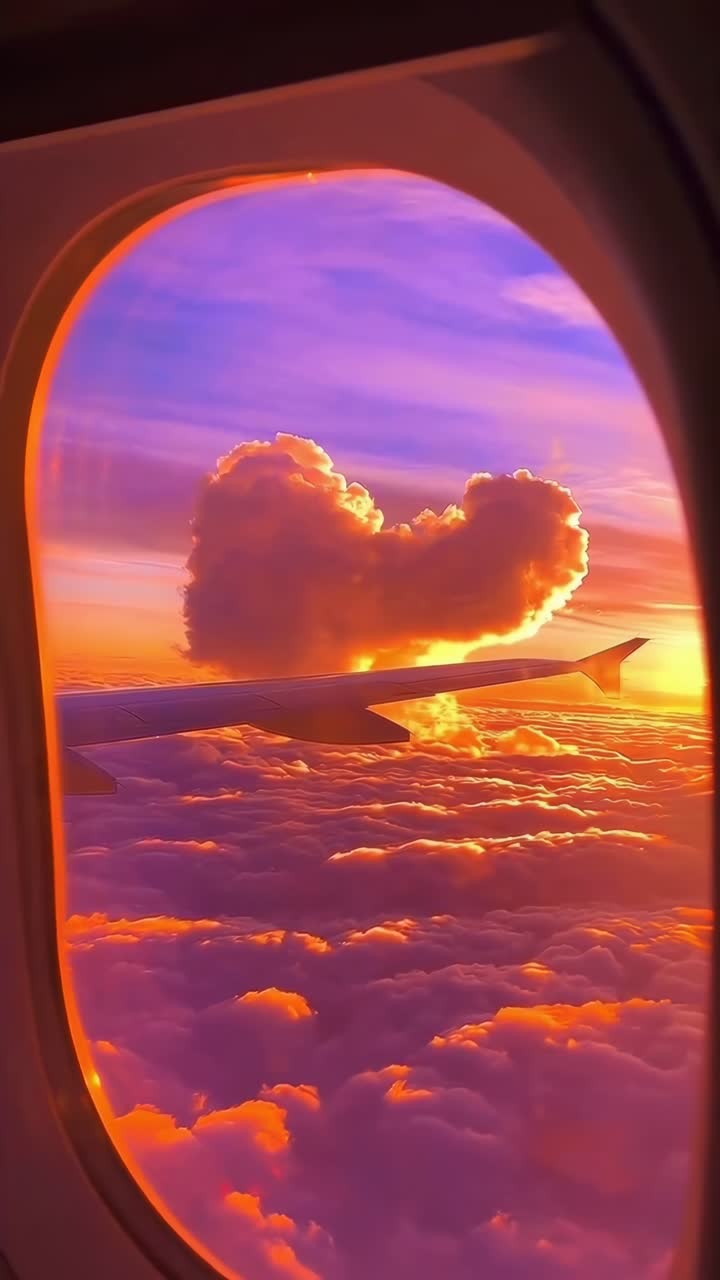 Vista aerea dal finestrino di un aereo al tramonto, che cattura una nuvola a forma di cuore.