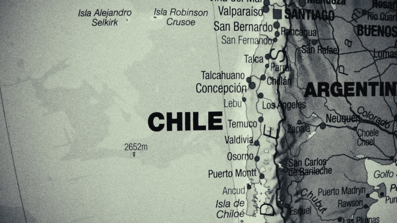 A close-up view of a map showing Chile and Argentina