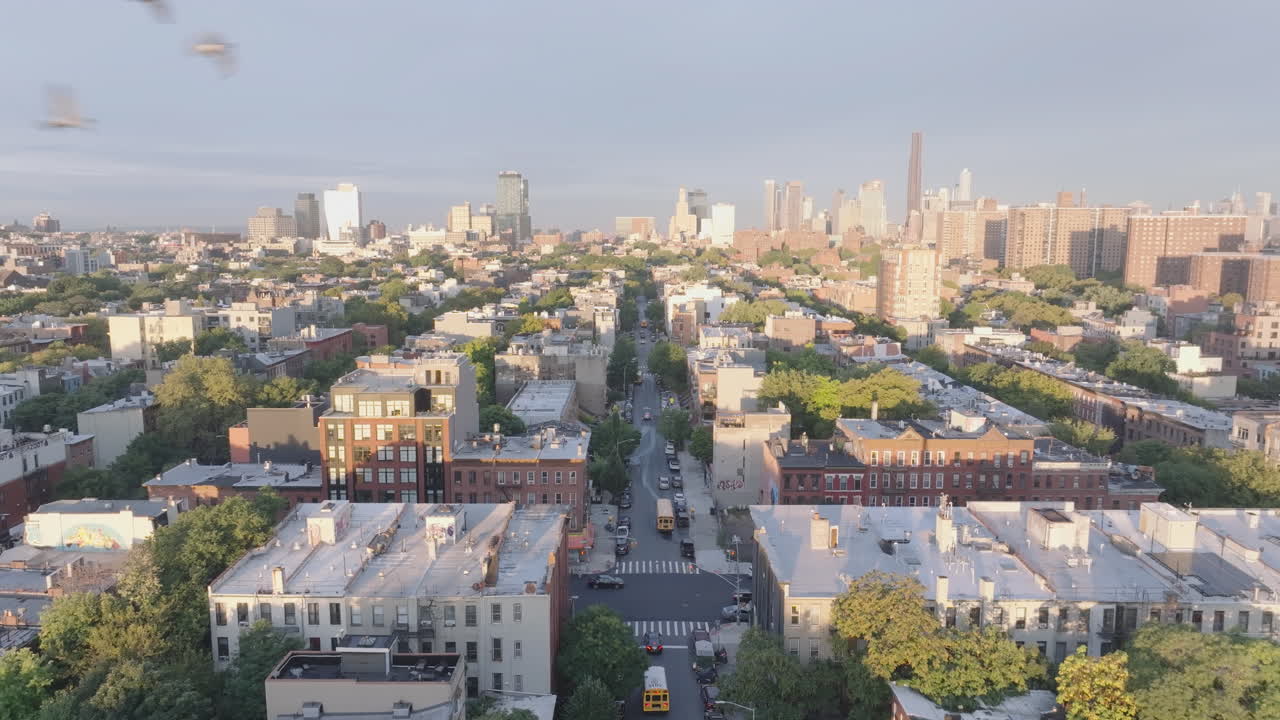 Establishing shot of Brooklyn at sunrise. Shot on an autumn morning in New York City.