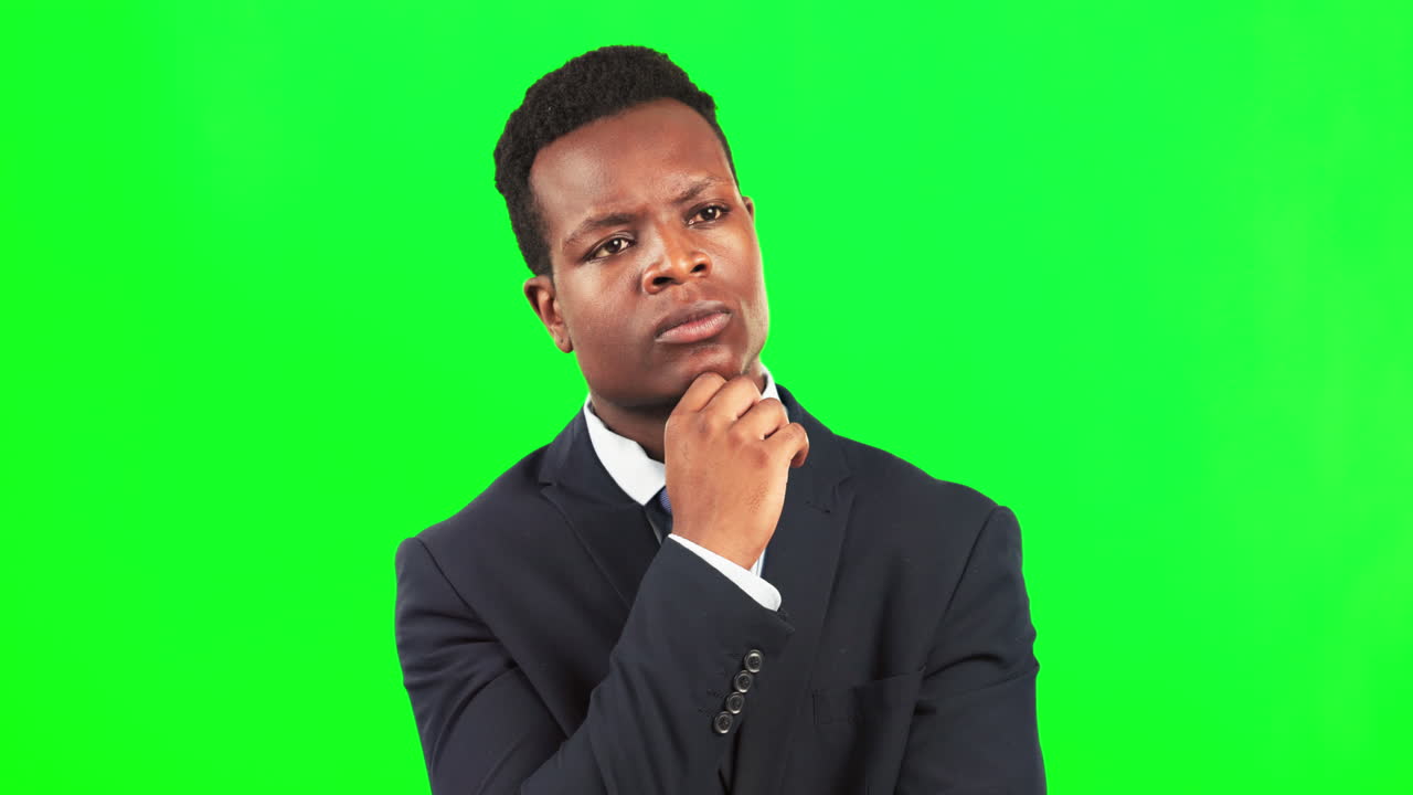 Business, black man and thinking on green screen