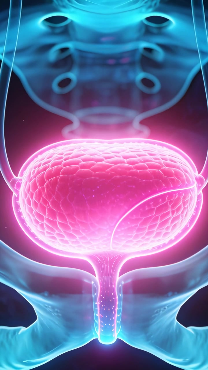 Vertical video: Receiving ureter flow, bladder expanding and glowing in 3D render with urethra glow