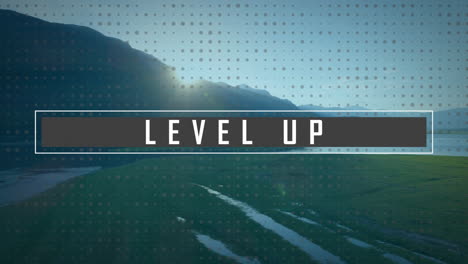flat design graphic banner level up being animated in sunrise valley, with dotted grid overlay