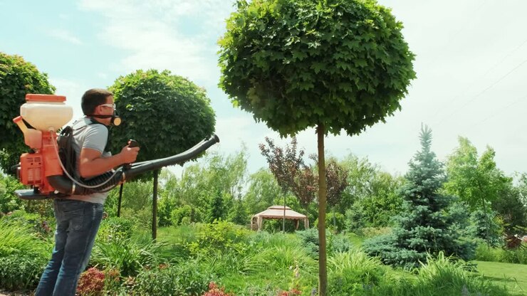Spray ecological pesticide. Farmer fumigate in protective mask and glasses trees and bushes. Man spraying toxic pesticides, pesticide, insecticides. Gardener maintains a garden