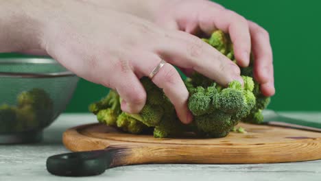 put fresh broccoli on a cutting board.