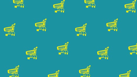 animación de patrón de bucle sin costuras con muchos carros de compras vacíos de color amarillo contra un fondo cian brillante, vista lateral, espacio de copia