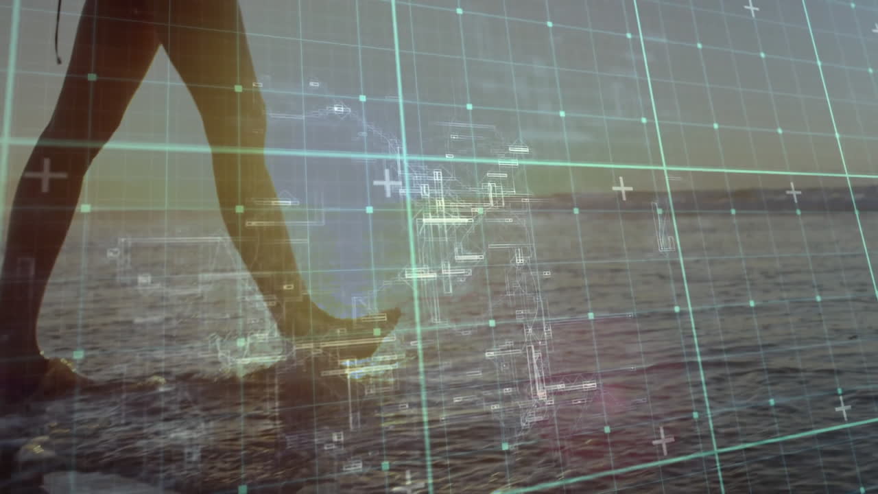 Grid and digital schematics animation over ocean landscape at sunset