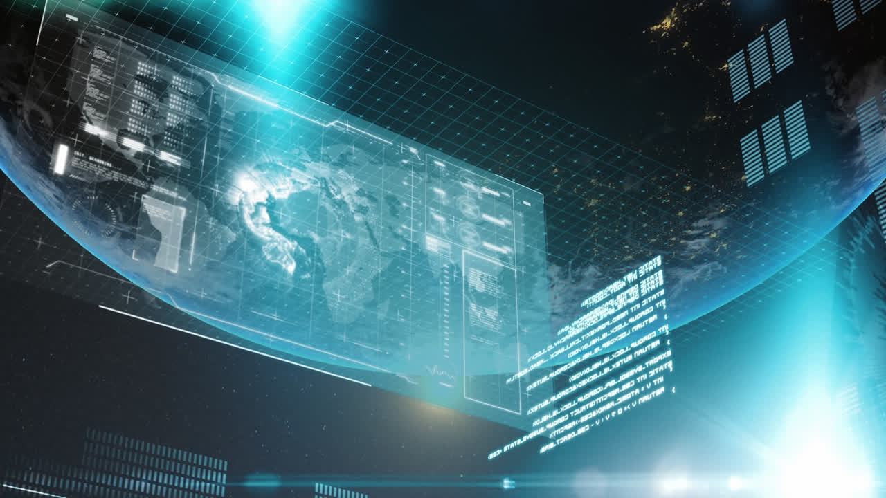 배경에서 우주에서 지구 위의 인터랙티브 스크린에서 데이터 처리의 애니메이션