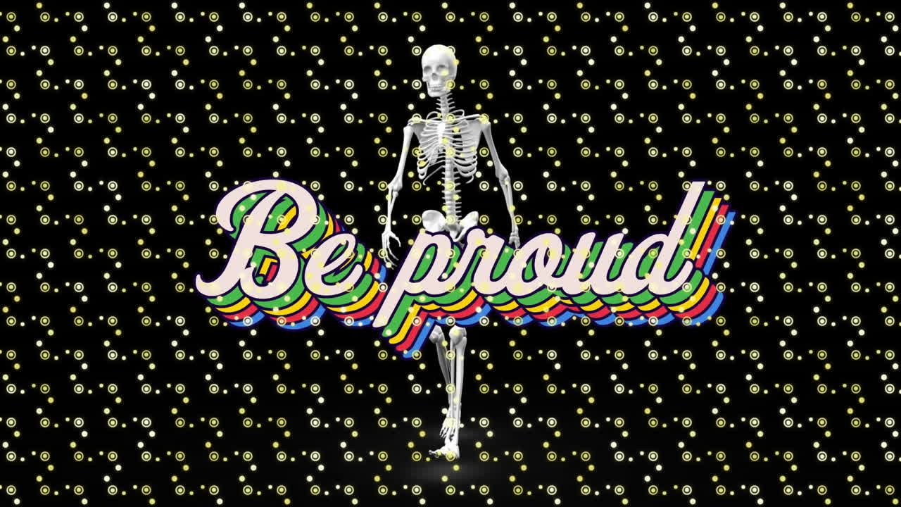 In school, animation of skeleton standing with Be Proud on rainbow background