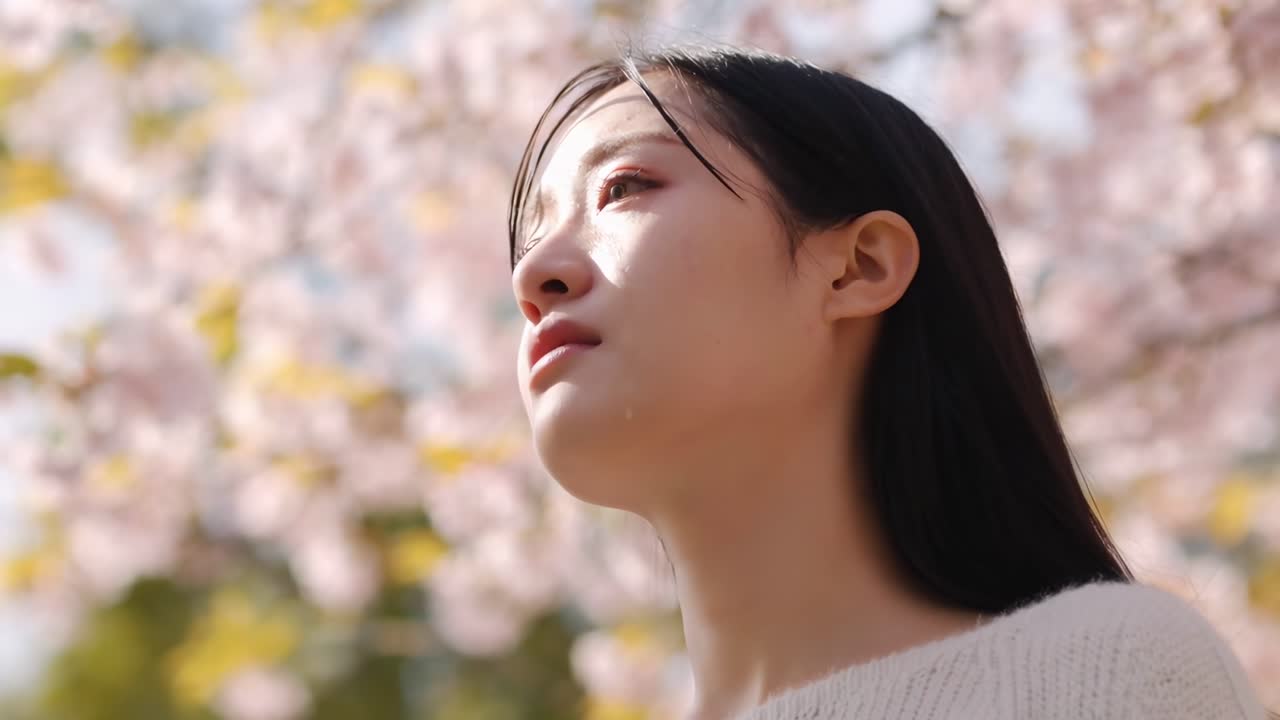 桜の下で物思いにふける、穏やかな表情の女性を捉えた、夢のようなクローズアップの動画アングル。
