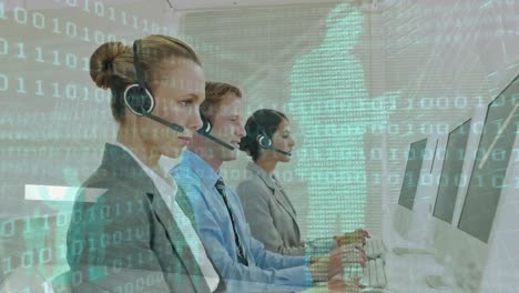 Animation-of-binary-code-over-business-people-wearing-headsets