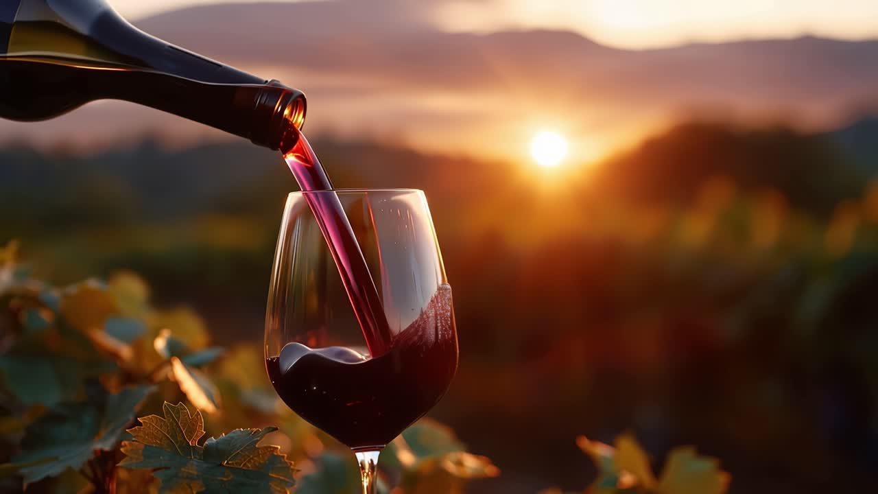 Sunset bathes vineyard in golden glow. Red wine pours into glass with rich, slow motion. Leaves shimmer softly in the evening breeze. Stillness speaks of peace, warmth, and quiet joy
