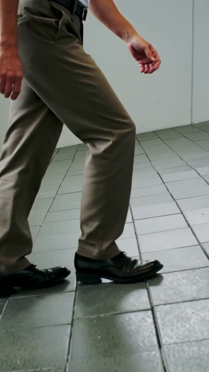Vertikales Video: Ein linker Fuß kommt ins Bild; Männerbeine gehen in Hose und schwarzen Schuhen durch einen Flur. Mit Platz für Text.