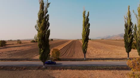 seguimiento de drones disparó coche azul conduciendo a lo largo de una carretera pavimentada iluminada por el sol, rodeado de árboles verdes en un día soleado