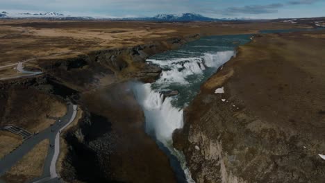 panoramic aerial view of popular tourist destination - gullfoss waterfall.