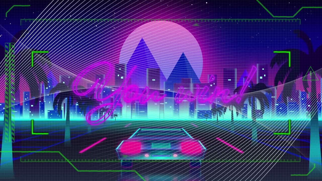 animación de usted ganar texto sobre la ciudad digital y el coche