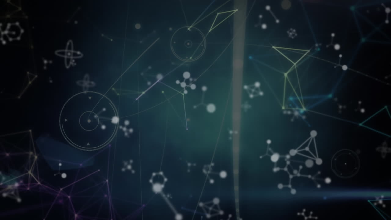Animation of network of connections, molecular structures and blue light spots on black background