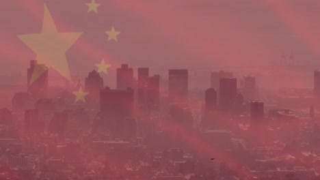 animación de la bandera de china sobre el paisaje urbano