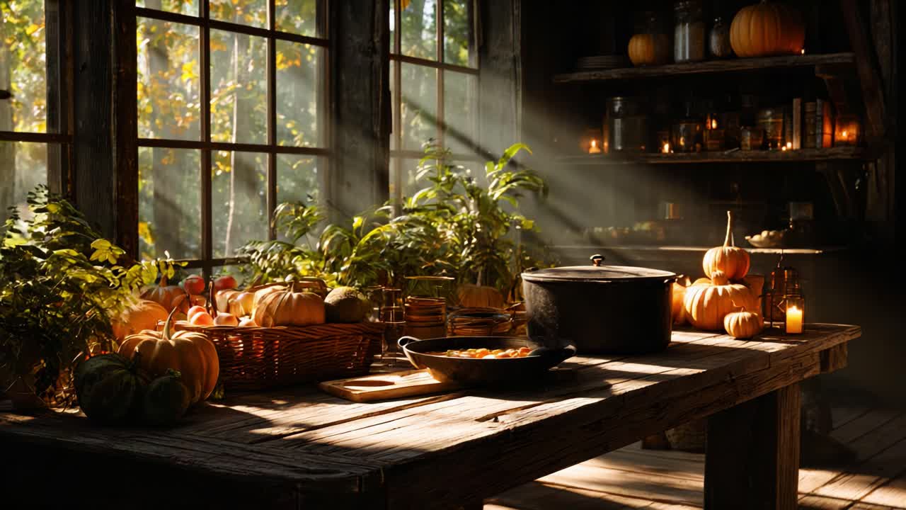 A Cozy Autumn Kitchen Scene with Soft Natural Light Filtering Through Windows, Showcasing a Table Full of Colorful Seasonal Produce and Elegant Decor in Warm Hues