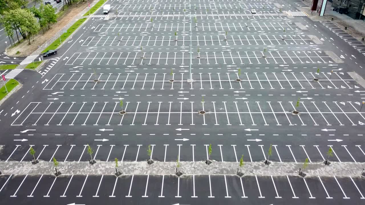 Aerial footage of giant empty parking lot