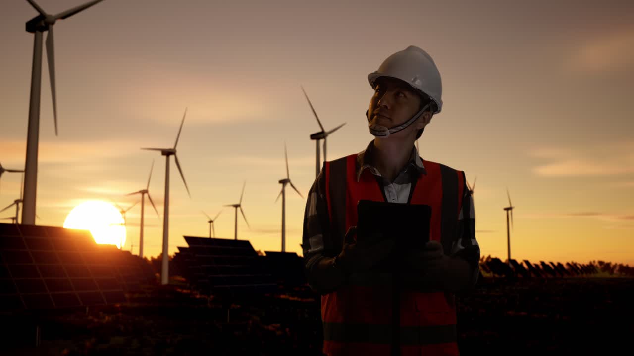 Engineer Inspecting Renewable Energy Farm at Sunset