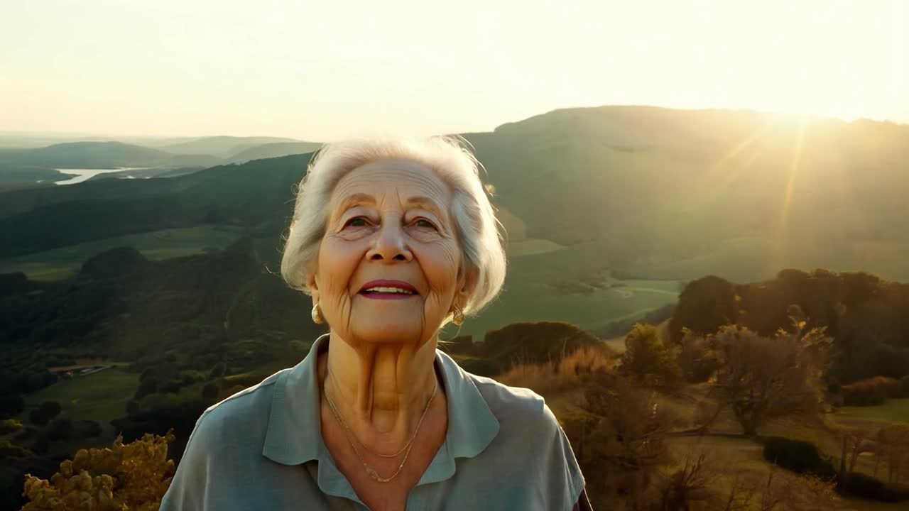 пожилая женщина с белыми волосами и голубой рубашкой говорит в красивой сельской обстановке. солнце светит, и женщина имеет надежное выражение лица
