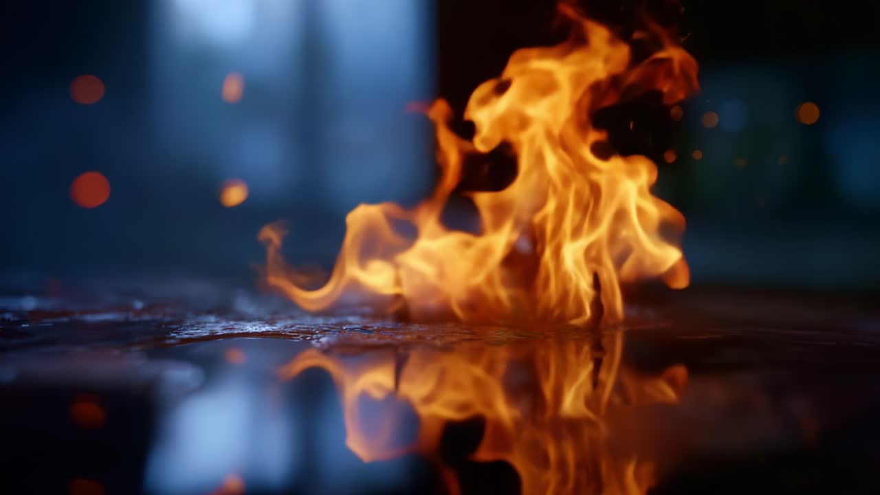 Flammes dynamiques capturées en haute définition, évoquant une énergie et un mouvement intenses avec des braises incandescentes reflétées dans des surfaces d’eau, rayonnant de chaleur et de lumière