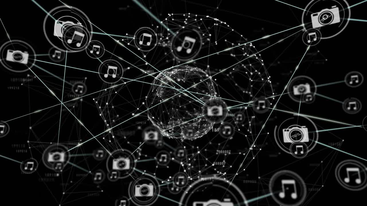Rotating digital sphere emitting camera and music icons along lines expanding multimedia network