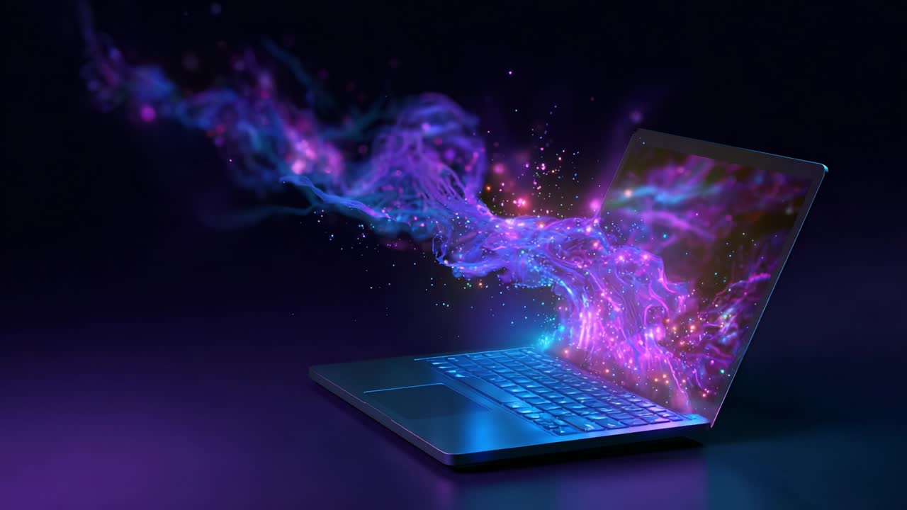 A mesmerizing depiction of a laptop unleashing vibrant cosmic streams of color and light, showcasing an energetic blend of purple, blue, and sparkles that evoke a sense of creativity and imagination