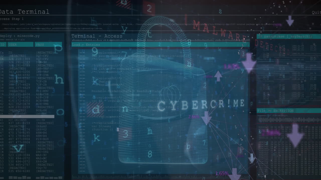 Animation of data processing, cyber attack and digital padlock over black background