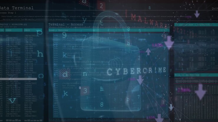 Animation of data processing, cyber attack and digital padlock over black background