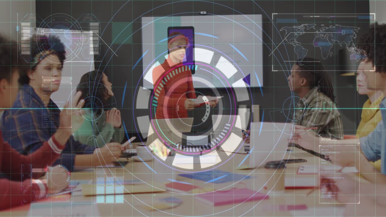 Presentatore che entra nella stanza e avvia una riunione di lavoro consegnando report con icone di dati animate.