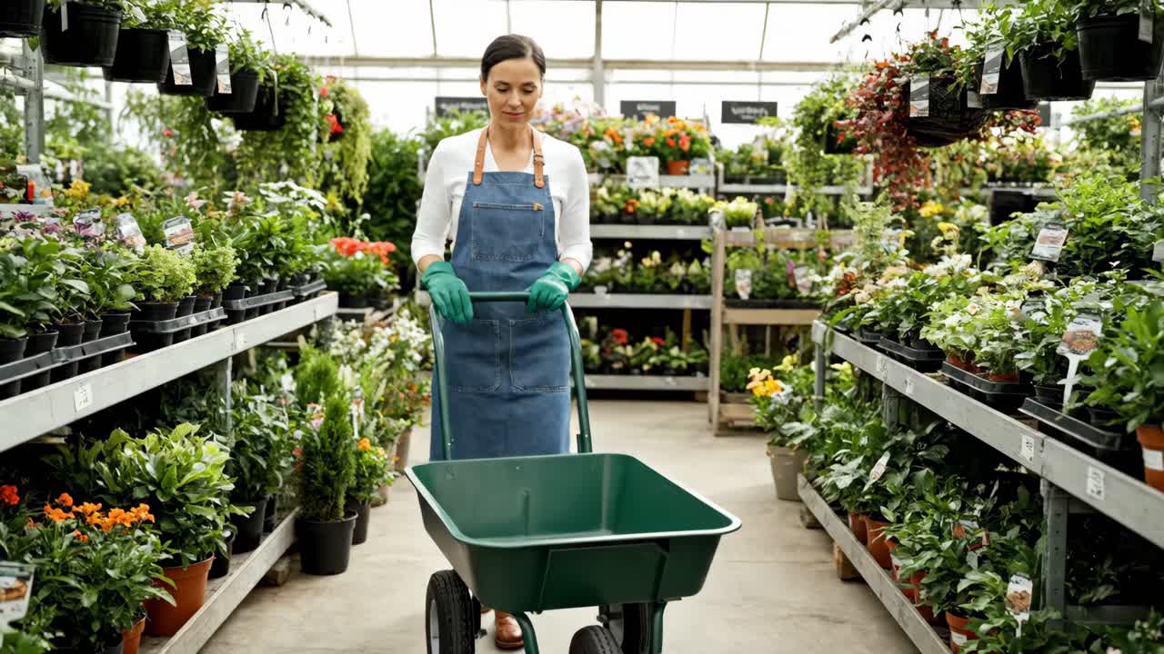 Donna che fa giardinaggio con le piante in una serra