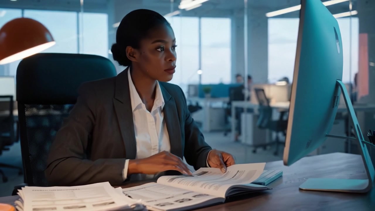 Focused Business Professional Analyzing Reports at Desk in Modern Office During Evening with Computer and Papers for Effective Decision Making and Strategy Planning