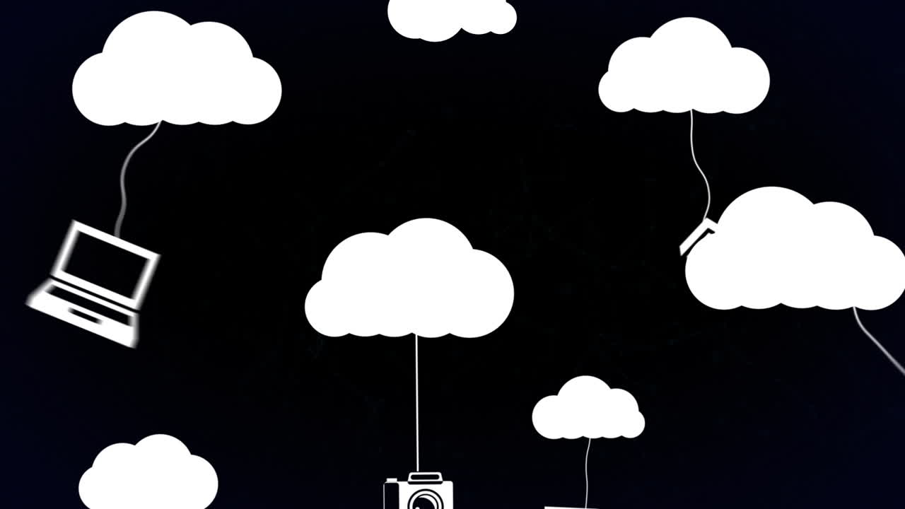 animación de nubes blancas con iconos de medios colgantes sobre un fondo negro