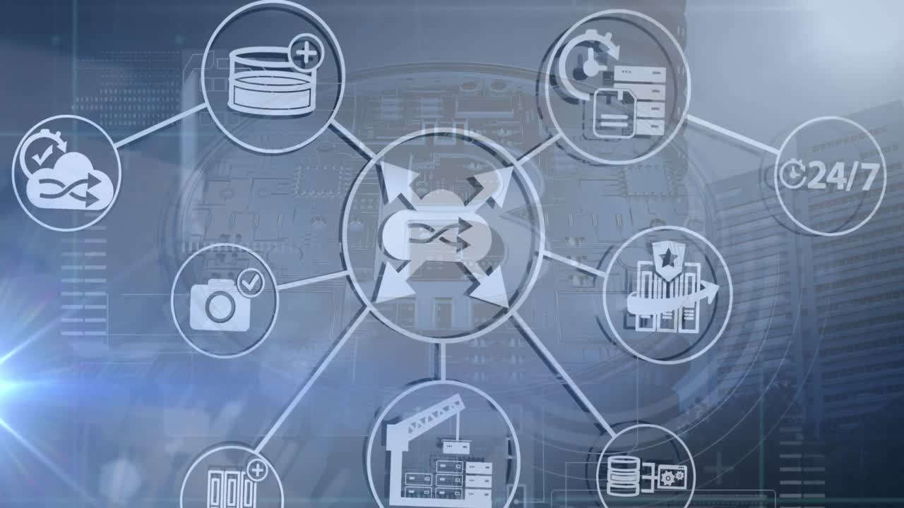 animación de la red con iconos y procesamiento de datos con símbolo de bitcoin sobre el paisaje urbano