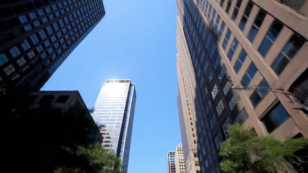 Witness the stunning architecture of skyscrapers reaching for the sky in a bustling city center. The clear, bright blue background highlights the modern urban landscape.