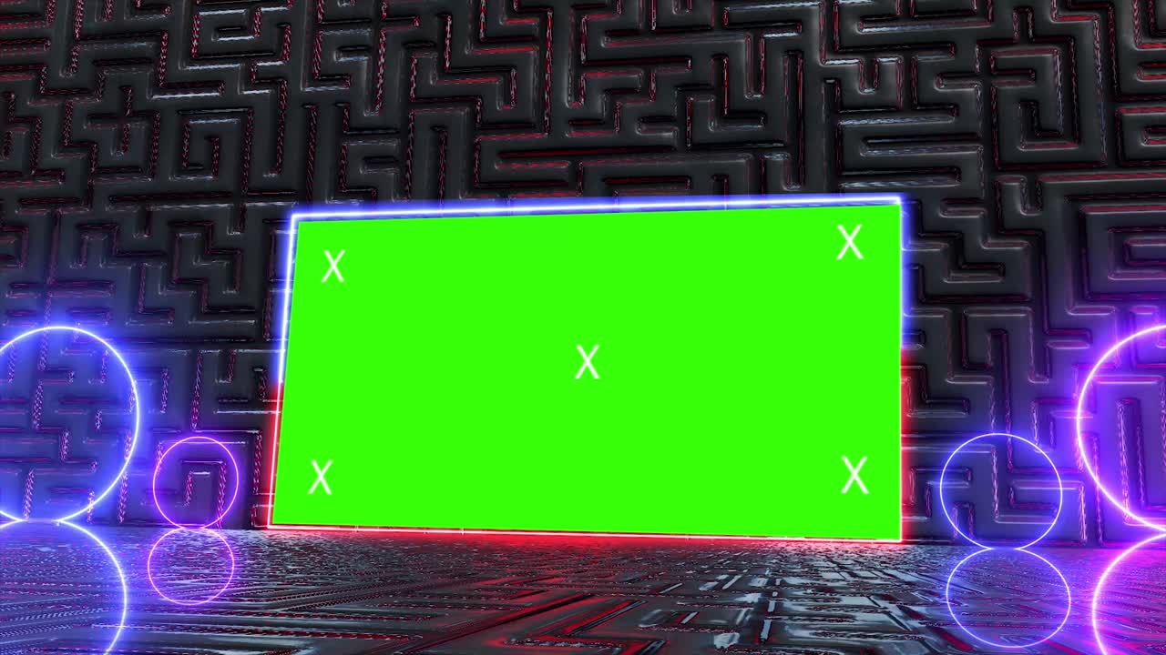 Tunnel creativo astratto e mock-up di cartellone pubblicitario con schermo verde e canale alfa. Barre LED neon blu-viola e rendering 3D di tecnologia, fantascienza, cyberpunk futuristico con cornice vuota.