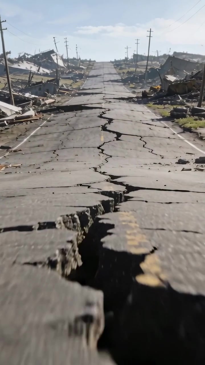 Video verticale: Telecamera che si allontana rivelando una strada crepata verso l'orizzonte, mostrando fessure e pali.