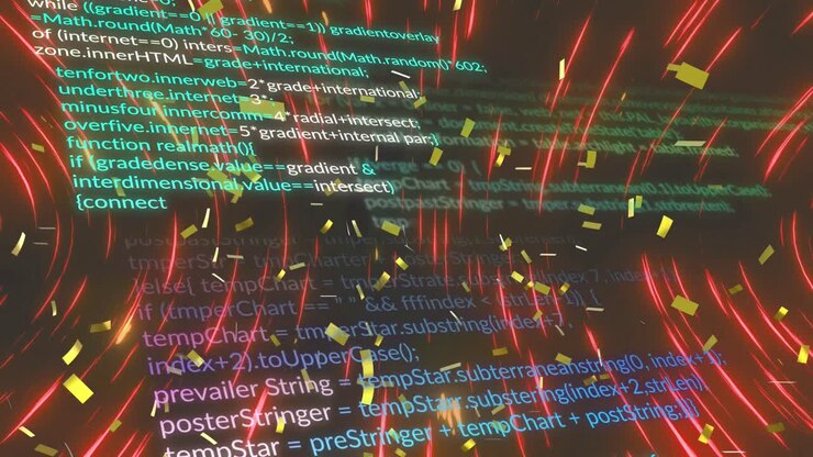 Animation of computer language over confetti and circular waves against black background