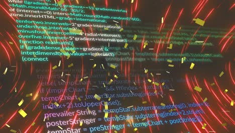animación del lenguaje informático sobre confeti y ondas circulares contra un fondo negro